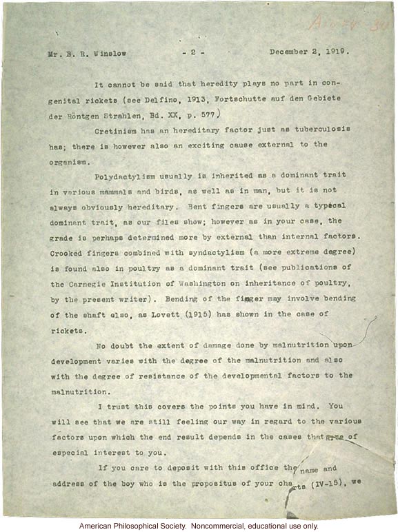 C. Davenport response to B. Winslow, about various conditions -- dwarfism