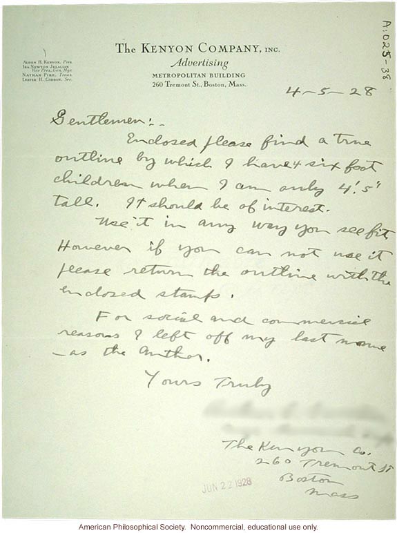 Arthur Sweetzer letter and family history to C. Davenport (?), about tall stature