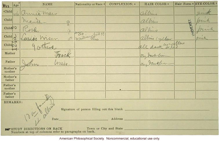 Roy Family pedigree, about albinism