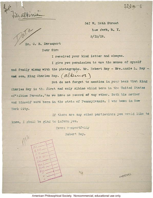 R. Roy letter to C. Davenport, about albinism