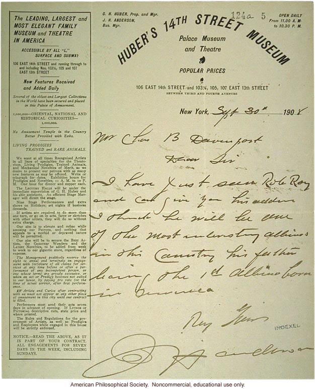 G. Huber letter to C. Davenport, about albinism