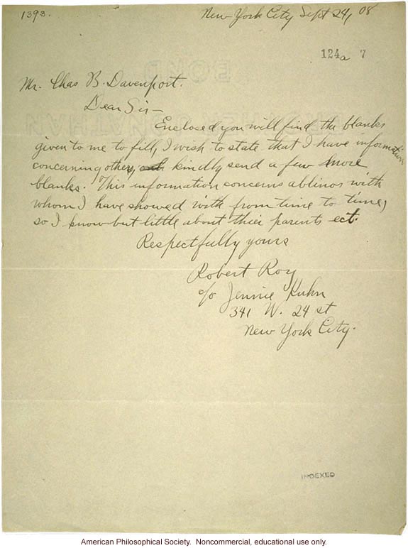 R. Roy and J. Kuhn letter to C. Davenport, about albinism