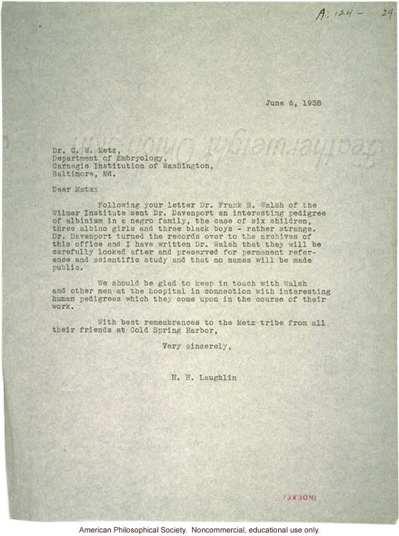 H. Laughlin letter to C. Metz, about albinism