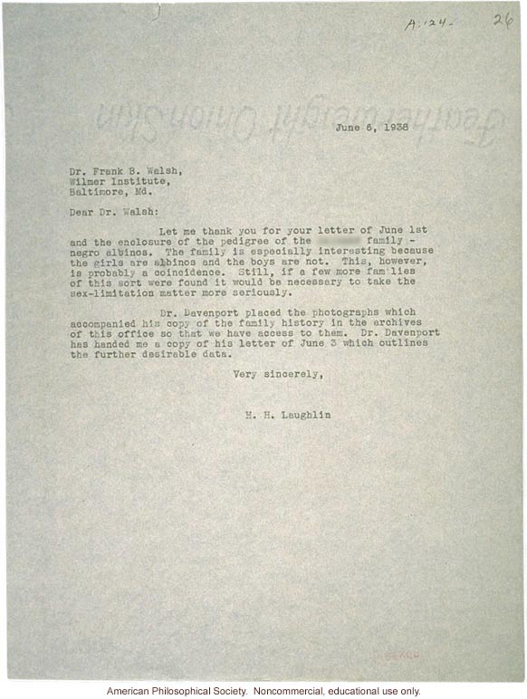 H. Laughlin letter to Walsh, about albinism