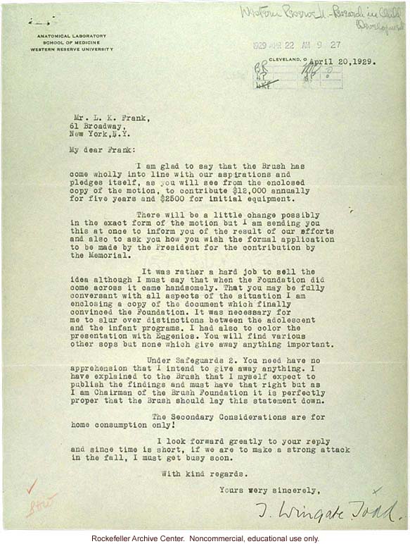 W. Todd letter to L. Frank about &quote;selling&quote; research project to Brush Foundation