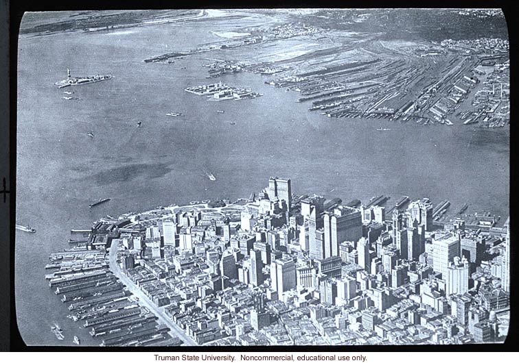 Aerial view of lower Manhattan and Ellis Island